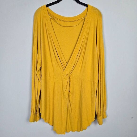 Free People Womens Shimmy Shake Tunic Top Size Small Yellow Ribbed Slouchy Boho - Picture 3 of 9